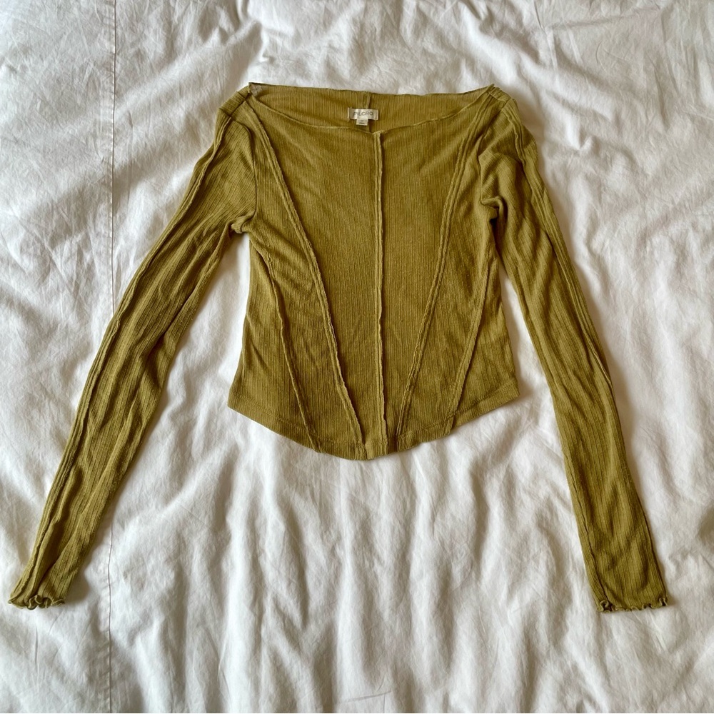 Pilcro Long-Sleeve Sheer Corset Tee in Moss Green